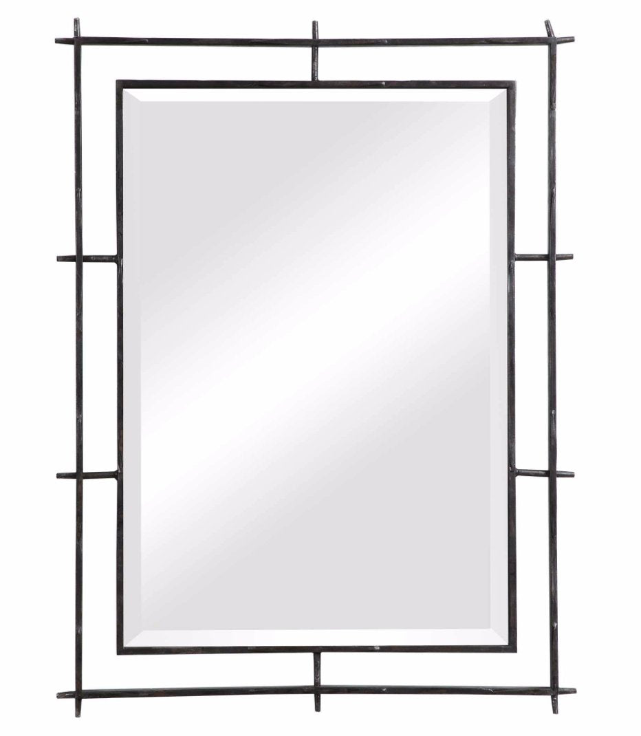 Ironworks Mirror - noticeably distressed wrought iron mirror with beveled glass ; 30" x 40"  Edit alt text