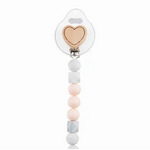 Wood pacy clip features silicone bauble strap with nylon loop cord. wood heart