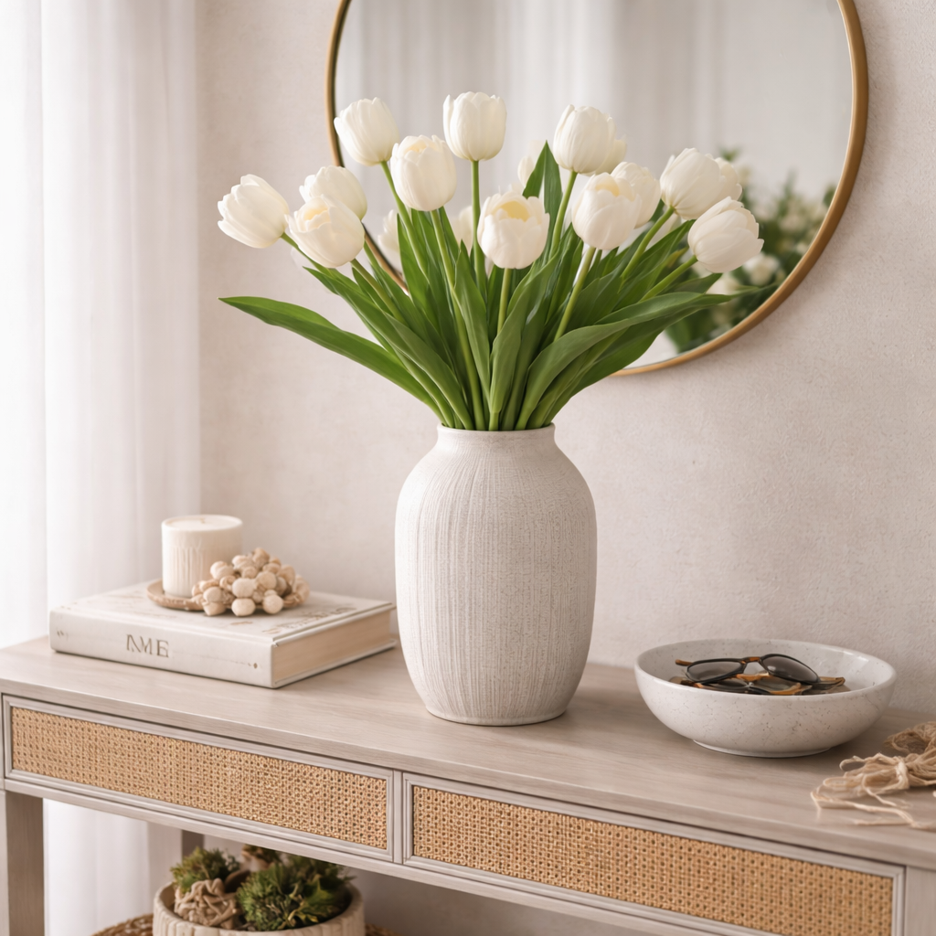 White tulips in a vase on a wooden console table with decor items.