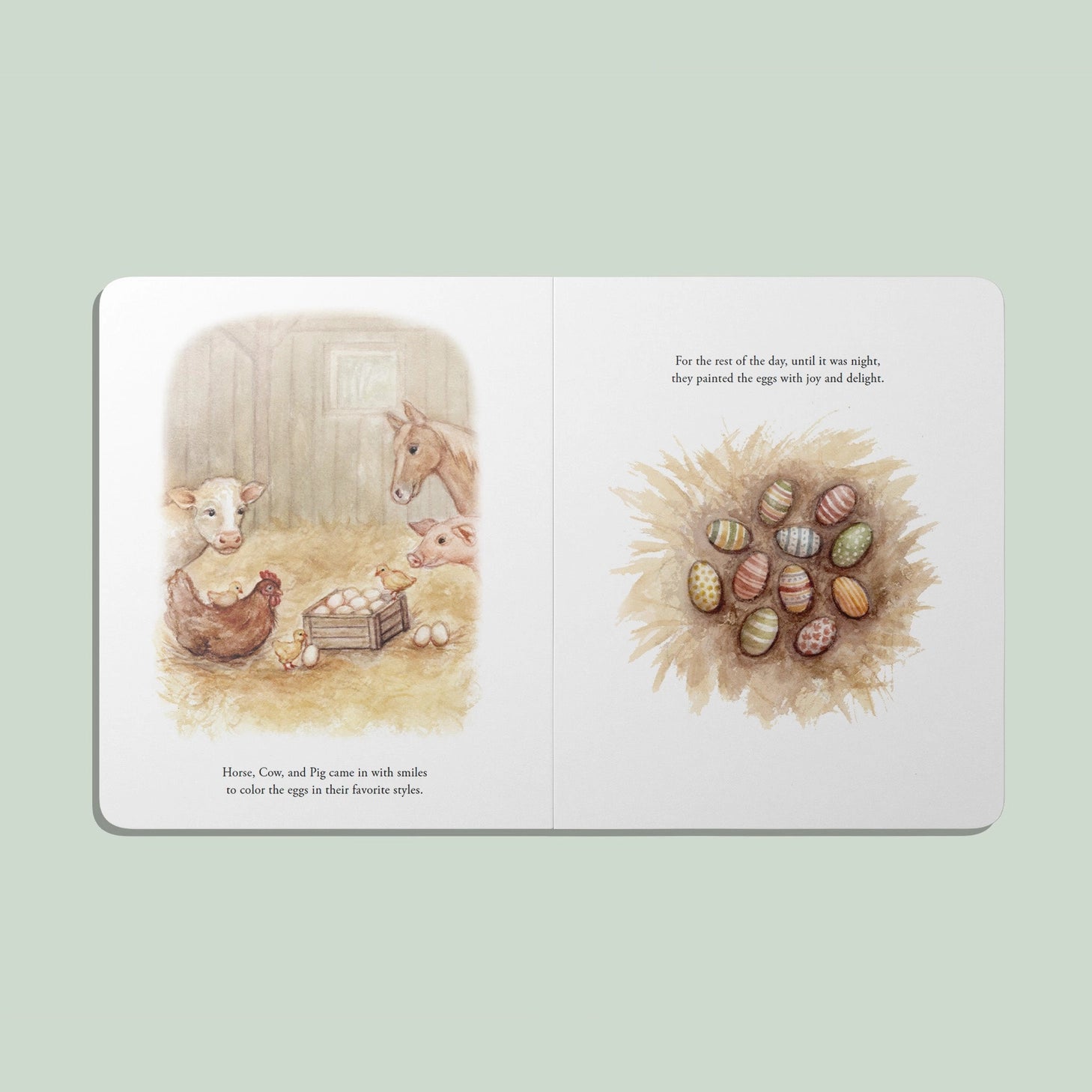 Illustrated book page with farm animals and painted eggs on a light green background