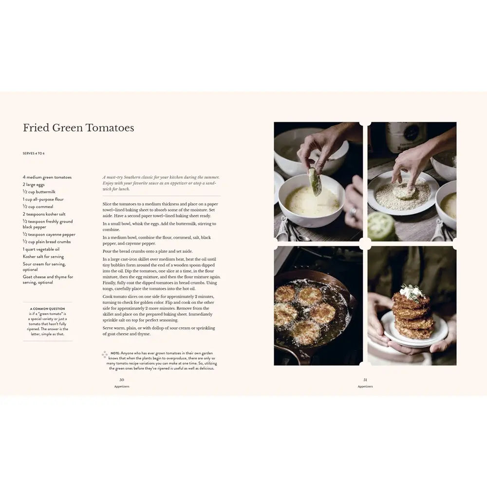 Recipe for fried green tomatoes with step-by-step preparation images on a white background.