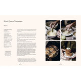 Recipe for fried green tomatoes with step-by-step preparation images on a white background.