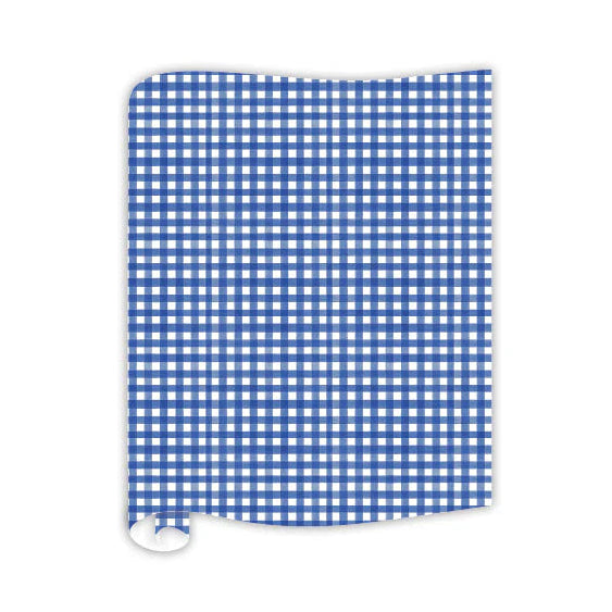 Blue and white checkered paper table runner on a white background