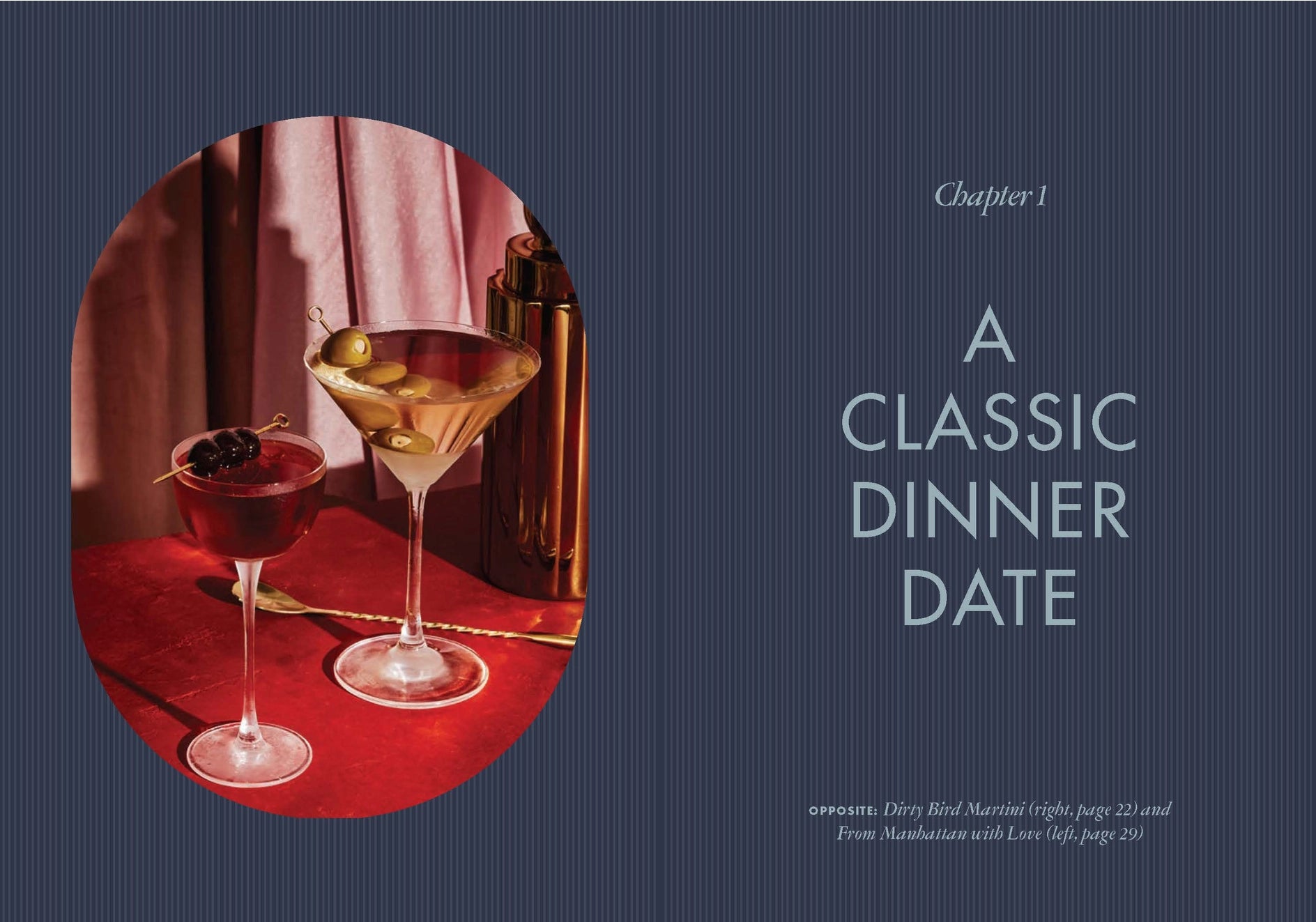 Cover of a book titled 'A Classic Dinner Date' with cocktails on a red tablecloth.