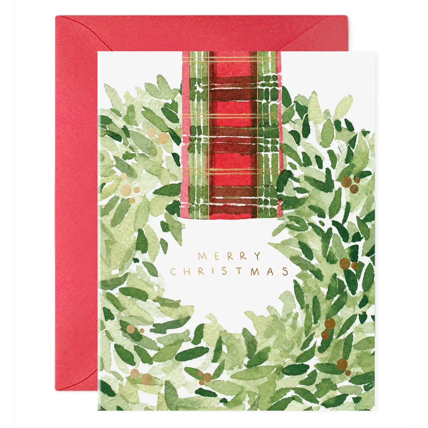 Christmas card with green wreath design, red plaid ribbon, and 'Merry Christmas' text.