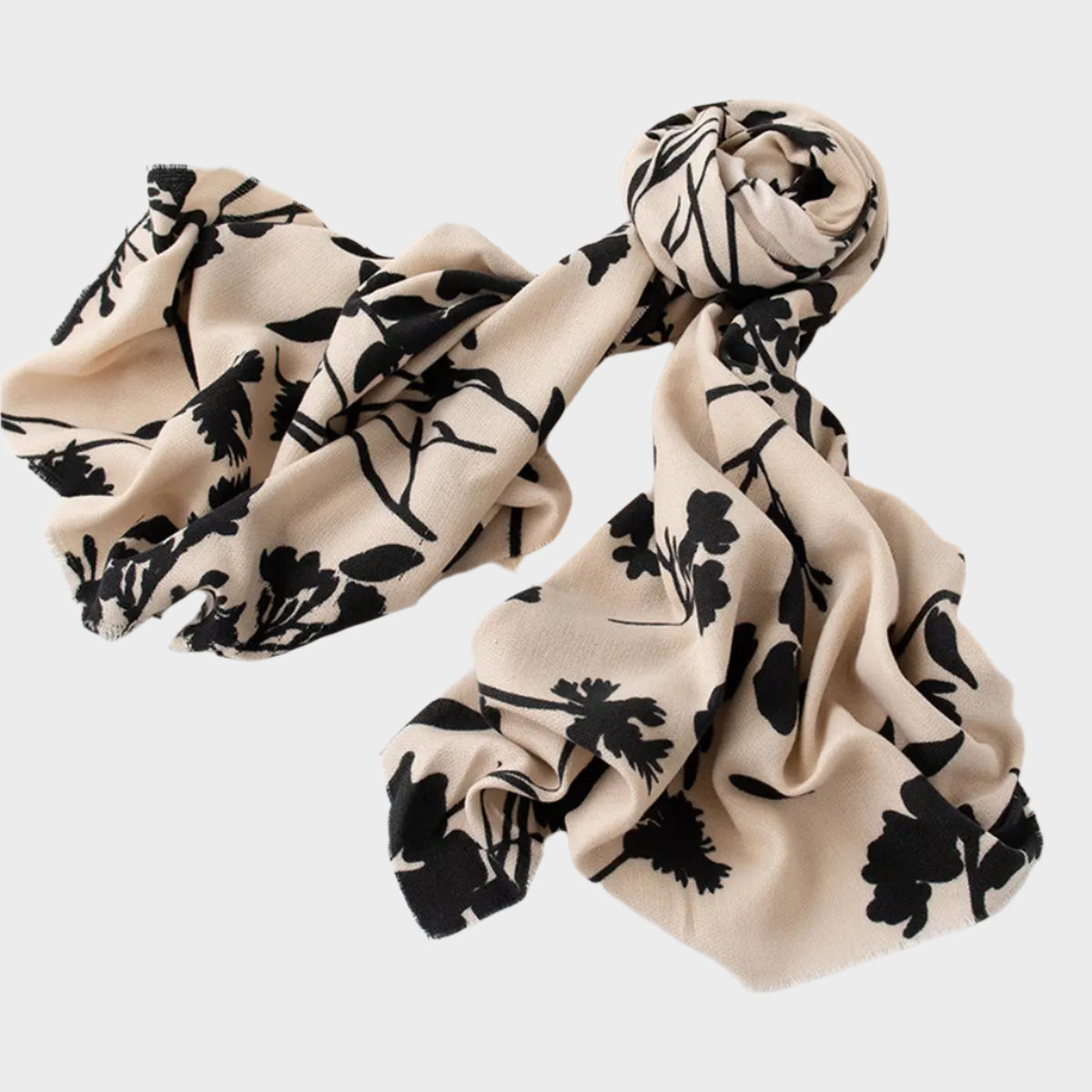 taupe fringe scarf with black floral printed design