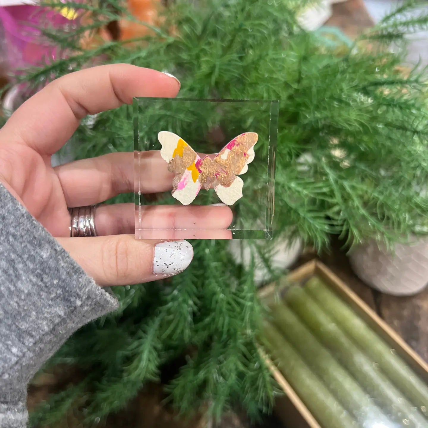 lucite block with handpainted butterfly