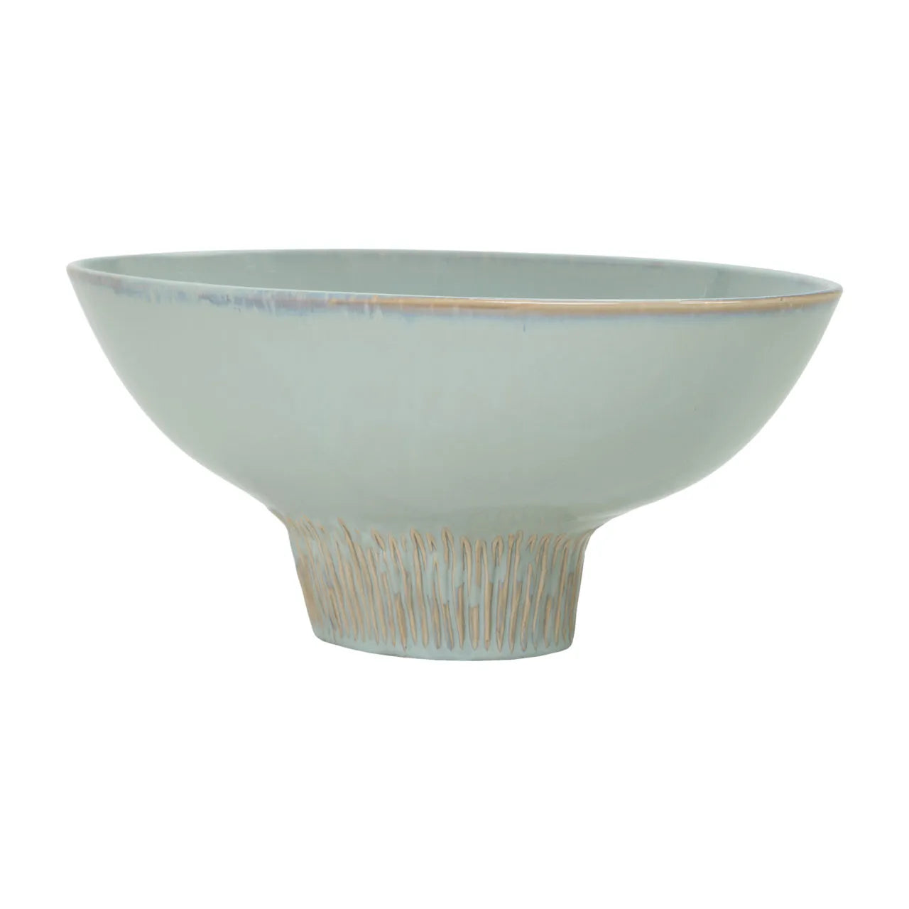 glazed ceramic wide flared  pedestal bowl with ribbed textured base on white background