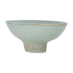 glazed ceramic wide flared  pedestal bowl with ribbed textured base on white background