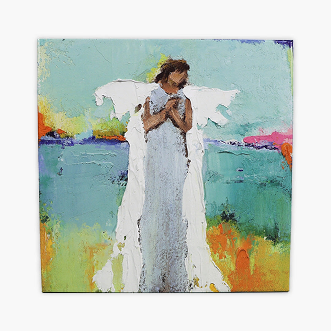 Painting of an angel with colorful abstract background