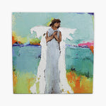 Painting of an angel with colorful abstract background