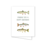 Greeting card with fish illustrations and 'Fishing You a Happy Birthday' text on a white background