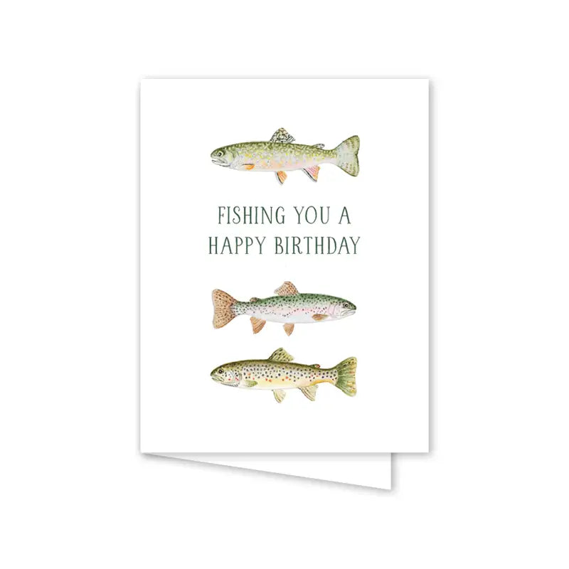 Greeting card with fish illustrations and 'Fishing You a Happy Birthday' text on a white background