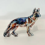 german shepherd dog shelfie featuring painted artwork encased in a thick clear freestanding block on white background