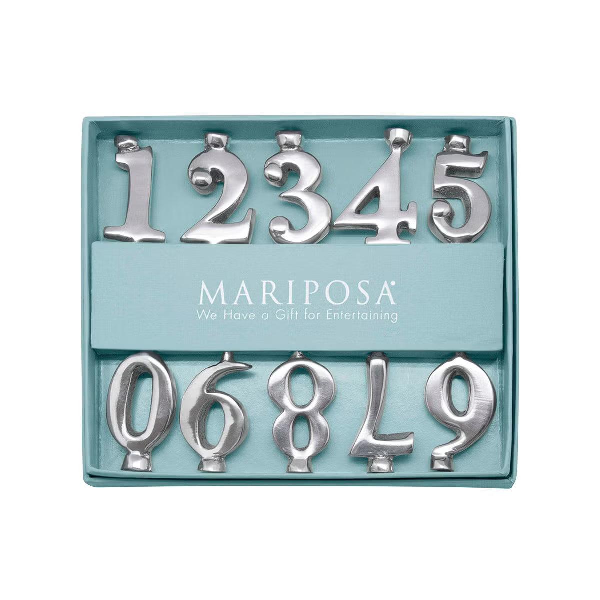 Set of silver numbers in a teal box with 'Mariposa' branding.