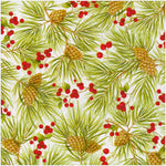 Pattern of pine branches, cones, and red berries on a white background