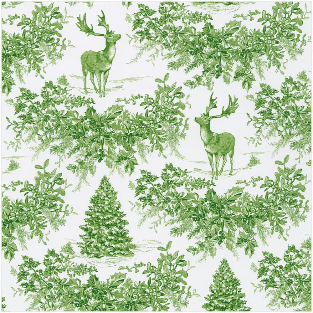 Pattern of green deer and trees on a white background