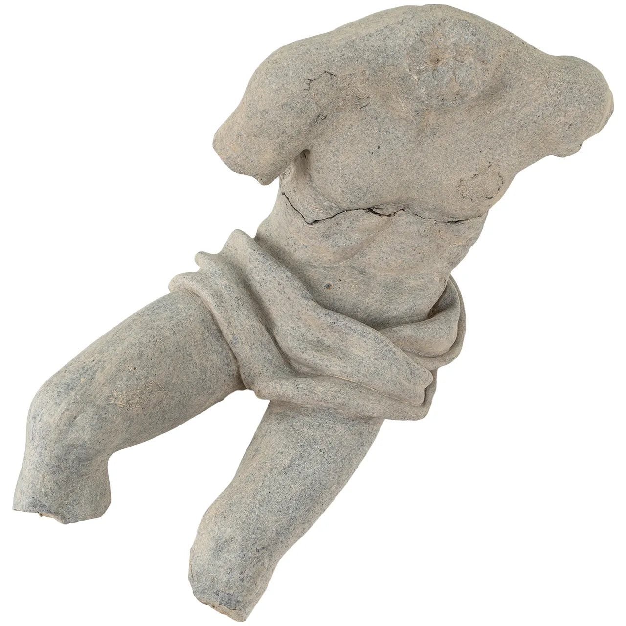 Soul in Stone Sculpture weathered gray torso sculpture in a reclining position on white background
