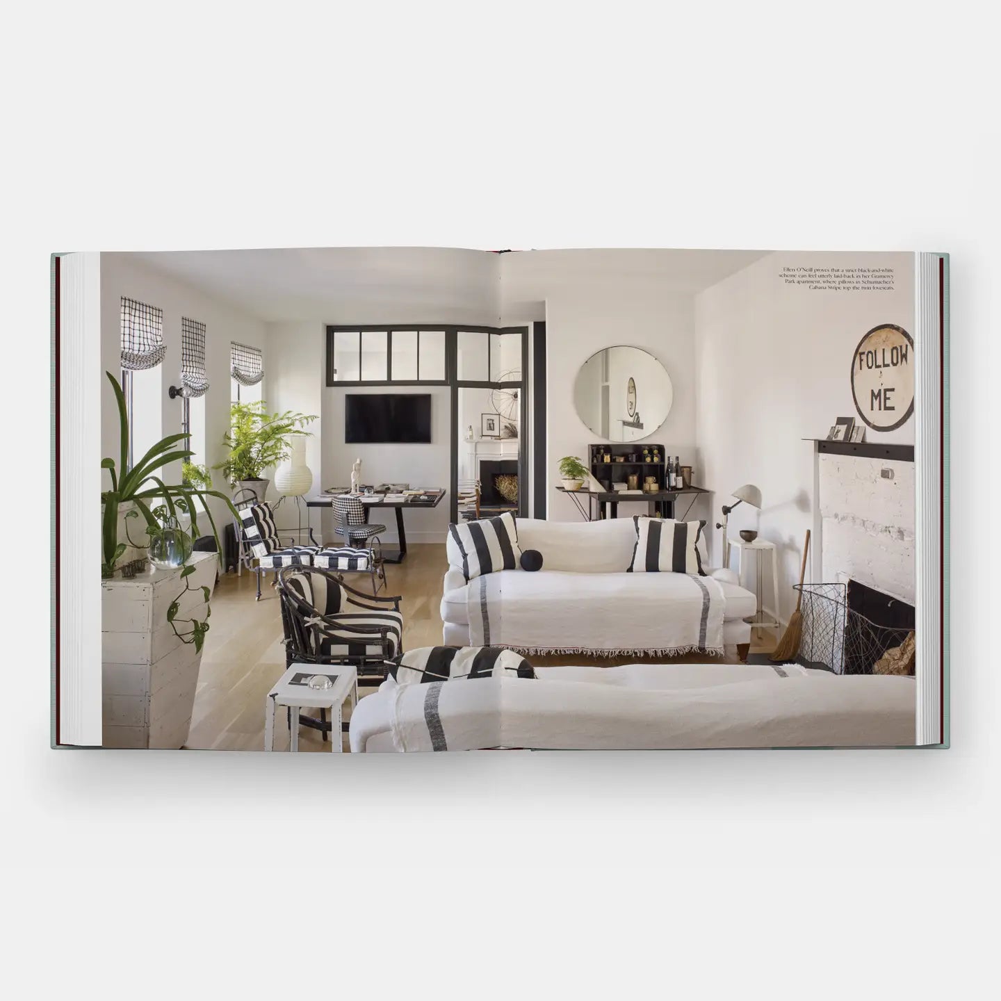 Interior design book or magazine spread showing a modern bedroom and living area.
