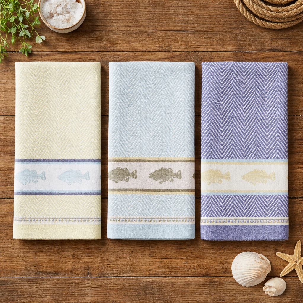 Three patterned towels on a wooden surface with decorative items.