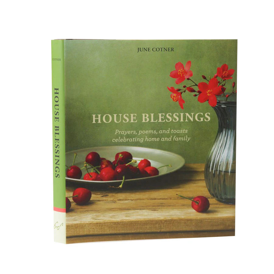 Book titled 'House Blessings' with a green cover featuring cherries and a vase.