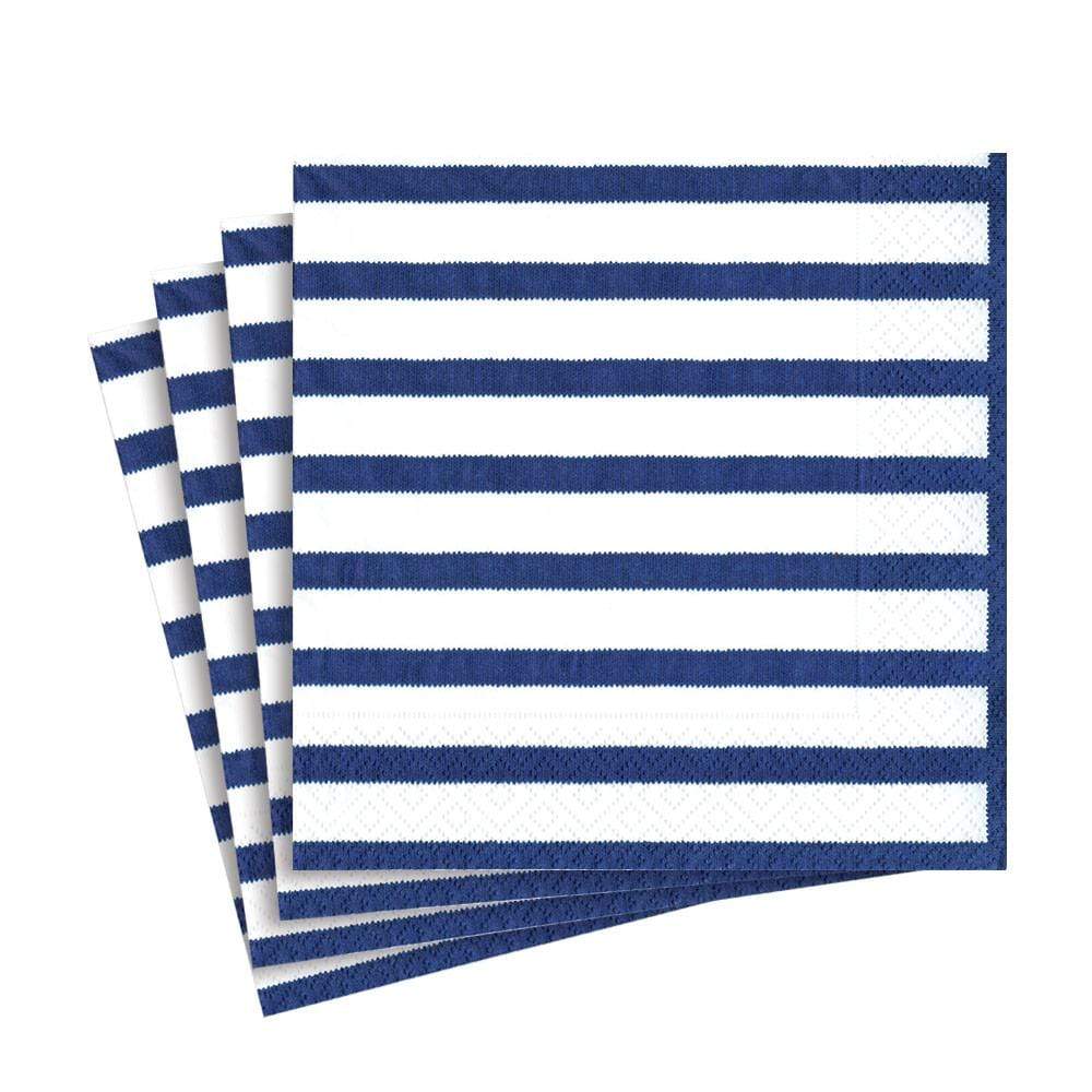 Set of three blue and white striped napkins on a white background