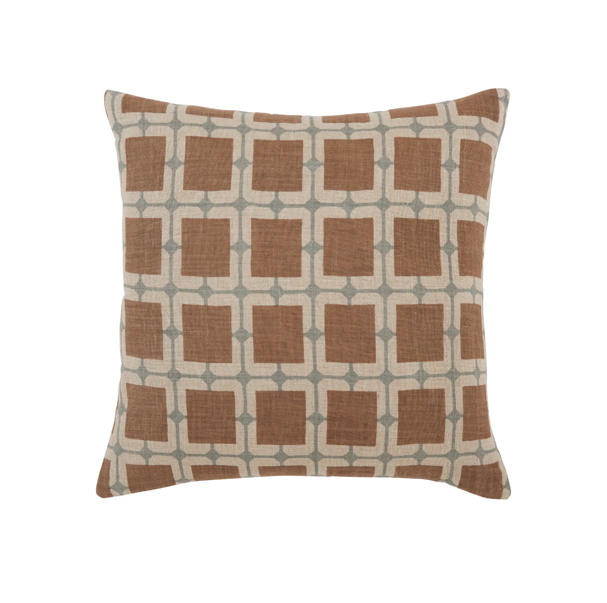 Decorative pillow with brown square pattern on a beige background