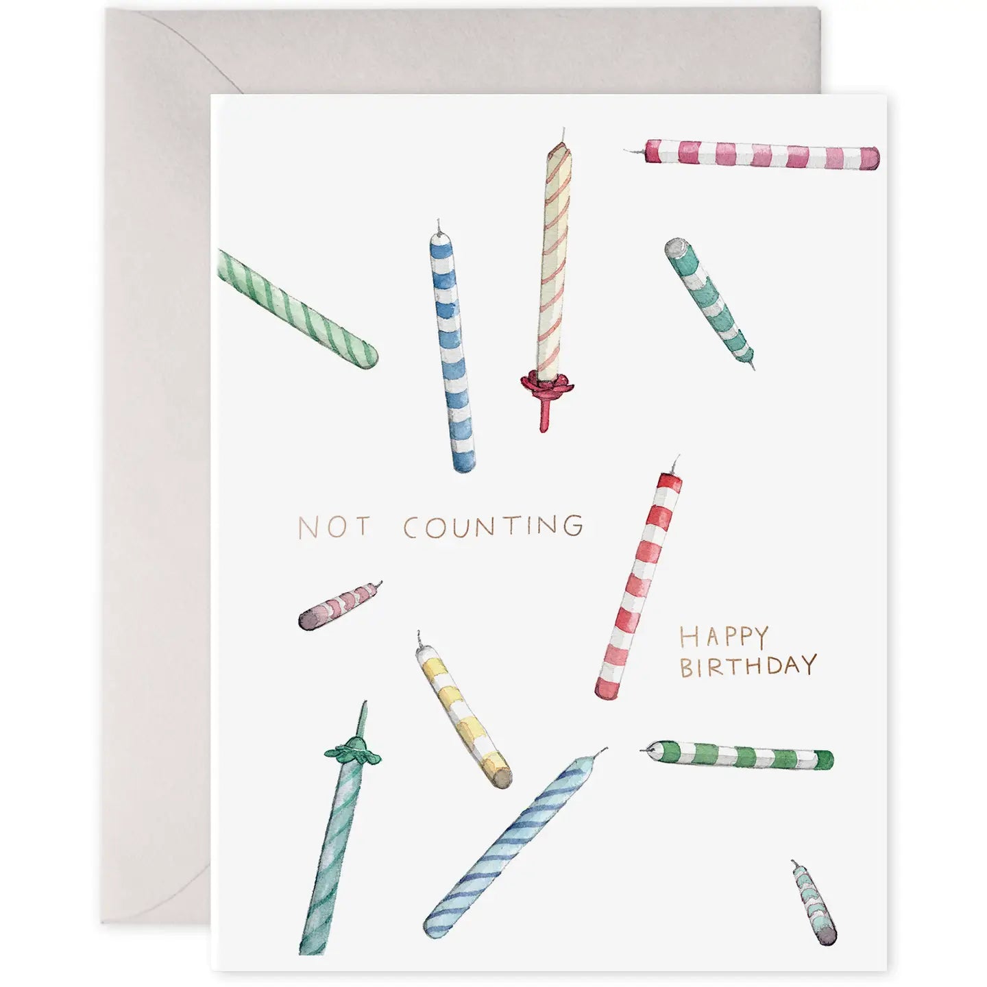 birthday card, reads "not counting" with lots of candles