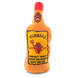Plush orange “Furball Cinnamutt Whisky” dog toy shaped like a whiskey bottle with embroidered label and built-in squeaker.