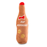 Plush Barkweiser Beer Bottle dog toy with embroidered “Play Responsibly” label and hidden squeaker inside.