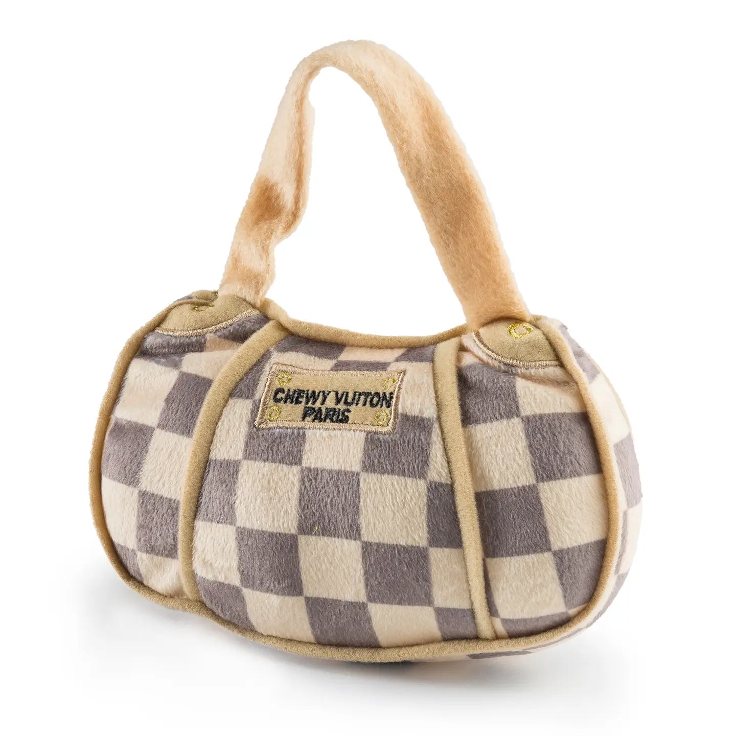 Plush Checker Chewy Vuiton Handbag dog toy in beige and cream check pattern with embroidered “Chewy Vuiton Paris” label and squeaker inside.