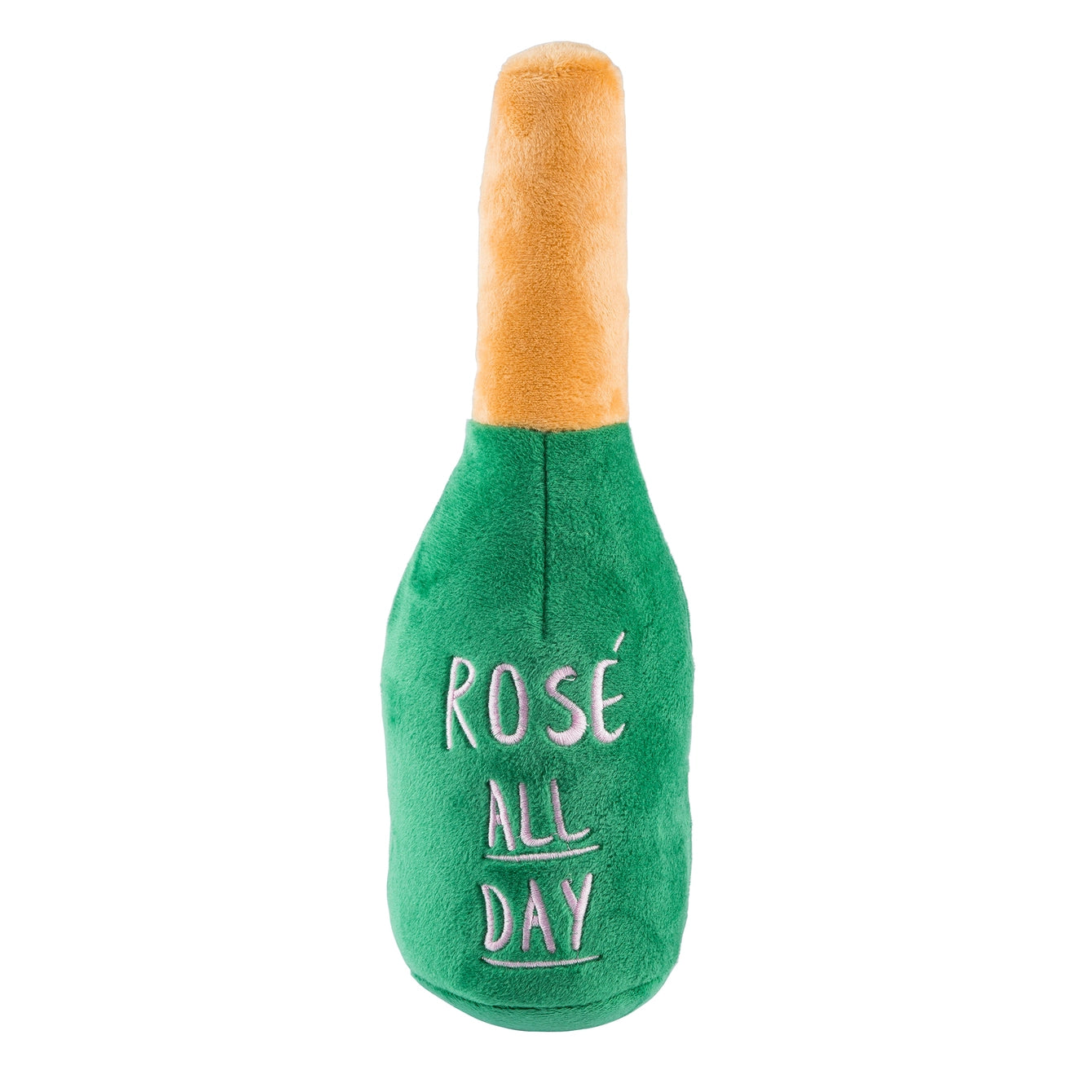 plush dog toy shaped like a champagne bottle saying "rose all day"