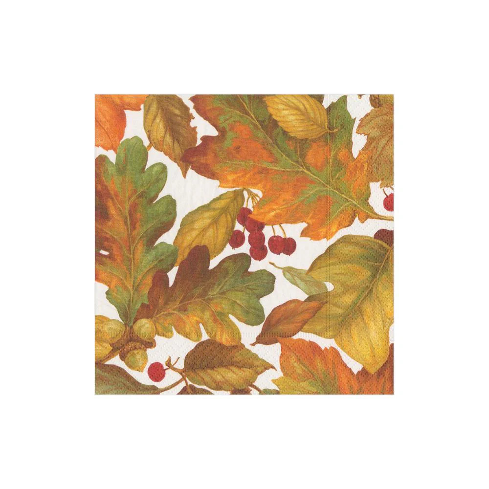 Napkin with autumn leaf and berry pattern on a white background