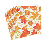 A stack of square paper napkins featuring a colorful autumn leaf pattern with red, orange, and yellow maple leaves on a white background.