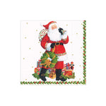 Napkin with Santa Claus design holding a wreath and presents on a white background