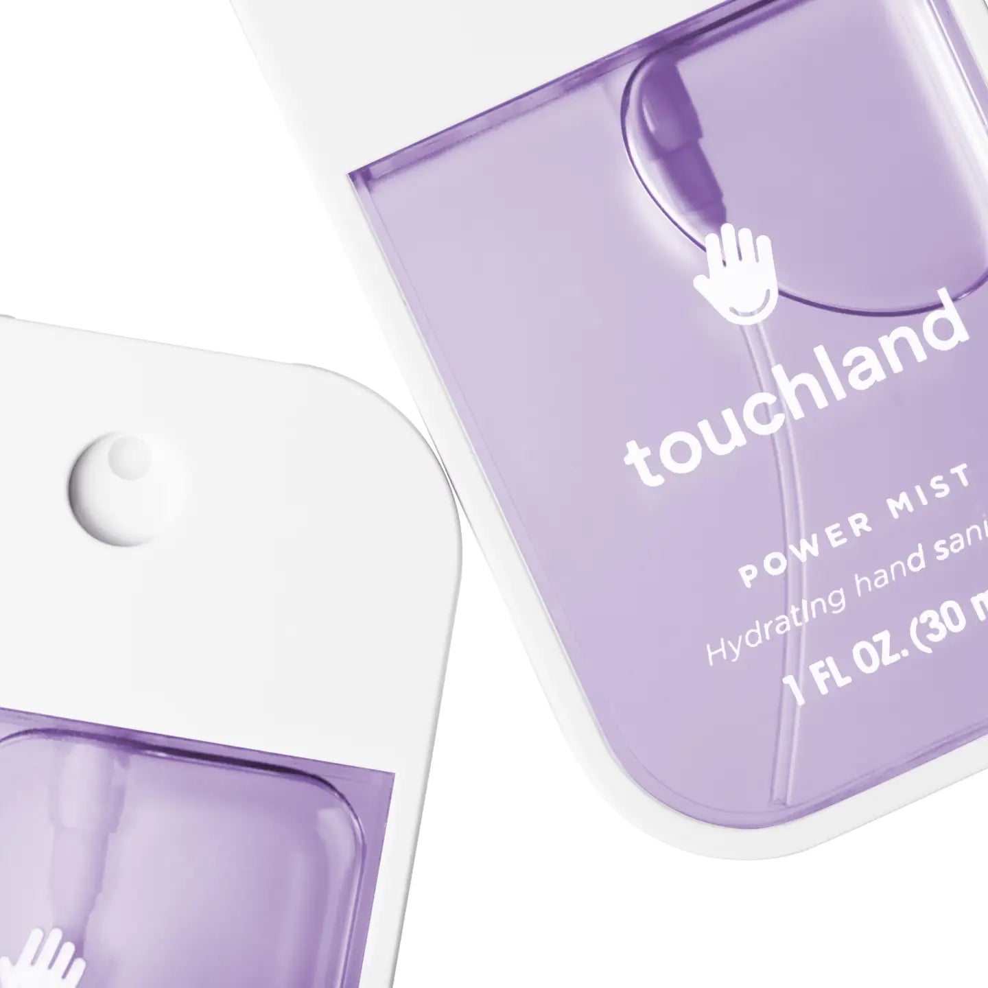 Purple hand sanitizer bottle with 'touchland' branding on a white background