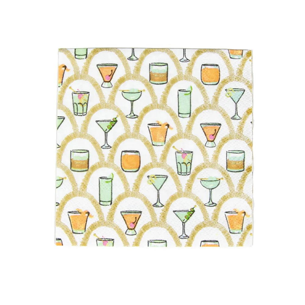 Patterned paper cocktail napkins with cocktail illustrations on a white background