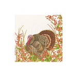 A square decorative paper napkin featuring a detailed illustration of a wild turkey surrounded by autumn leaves and berries on a cream background.