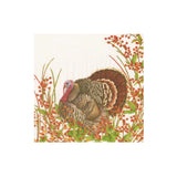 A square decorative paper napkin featuring a detailed illustration of a wild turkey surrounded by autumn leaves and berries on a cream background.