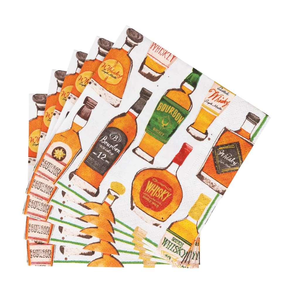 Set of four paper cocktail napkins with whisky bottle designs on a white background