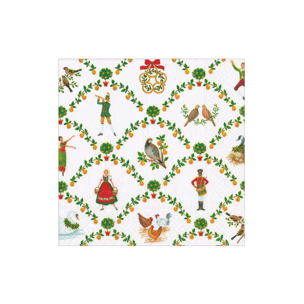 Patterned cocktail napkin with illustrations of people, animals, and decorative elements on a white background