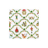 Patterned cocktail napkin with illustrations of people, animals, and decorative elements on a white background