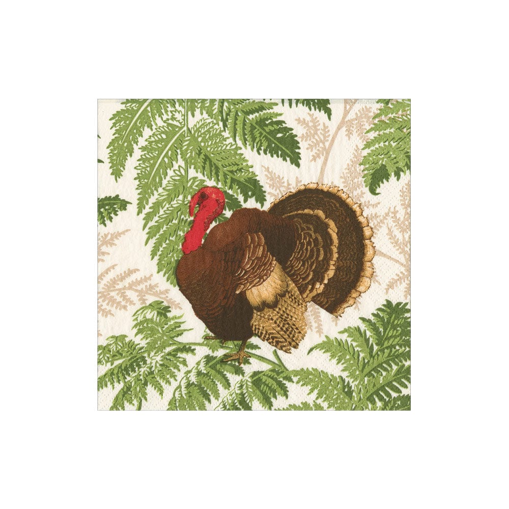 Decorative paper napkin with a turkey design on a leafy background