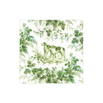 cocktail napkin with green dog and leaf design on a white background