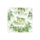 cocktail napkin with green dog and leaf design on a white background