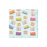 Cocktail Napkins with a Pattern of colorful birthday cakes with candles on a blue striped background