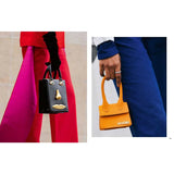 Two images of handbags held by people in different outfits.