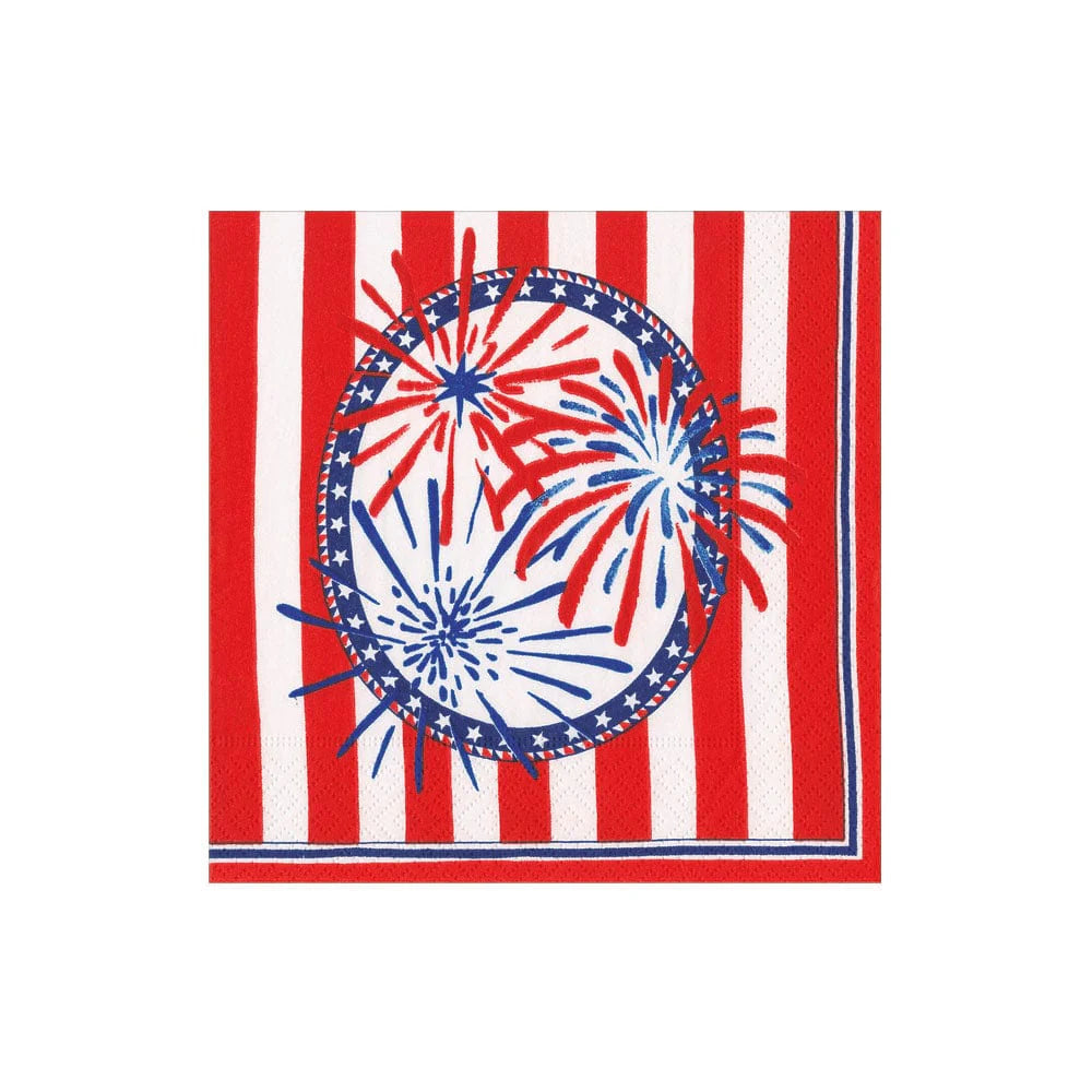 Napkin with red, white, and blue design featuring fireworks on a white background