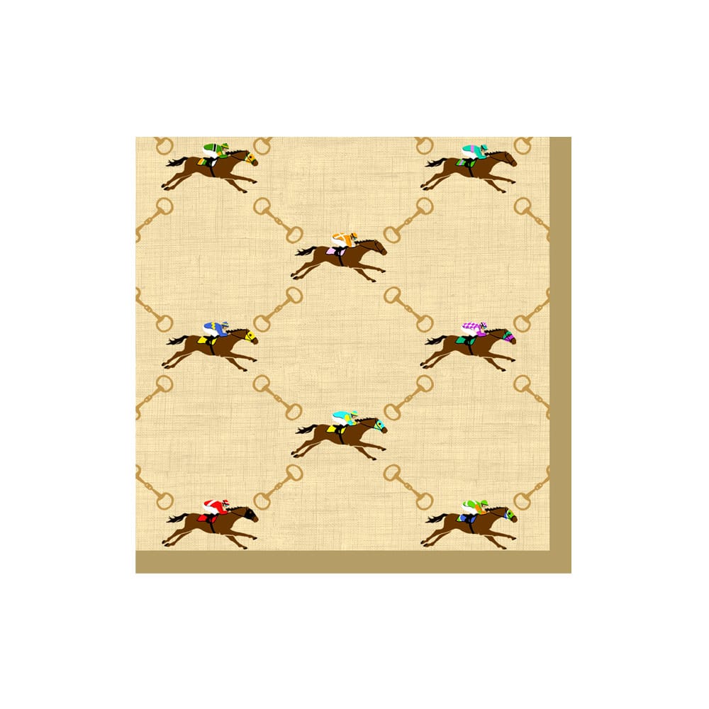 neutral cocktail napkin with racehorses and horse bits design on white background