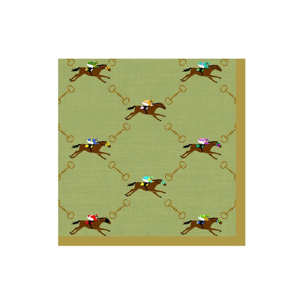 green cocktail napkin with racehorses on white background